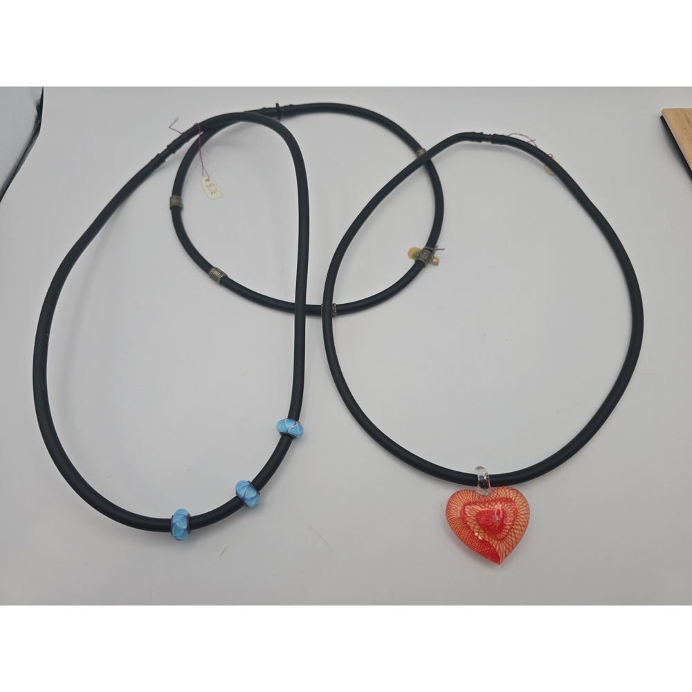 Lot Of 3 Rubber Tube Black Necklaces Orange Glass Heart Blue Silver Beads...